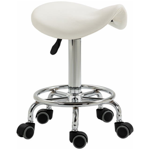 HOMCOM Tabouret Selle Réglable à Roulettes pour Salon pour Massage Spa en Blanc, Conçu avec un Siège Selle Ergonomique et un Revêtement en Cuir PU pour le Confort et un Entretien Facile. Caractéristiques Incluant une Hauteur Réglable de 20,1 à 26 Pouces, un Repose-Pieds Circulaire et une base en Acier durable avec Cinq Roulettes pour une Mobilité Fluide. Idéal pour salons, Bureaux, studios de Tatouage et bars.