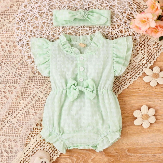 AherBiu Baby Clothes for Girl Romper Infant Ruffle Short Sleeve Drawstring Button down Jumpsuits Casual,Sizes 0-12 Months