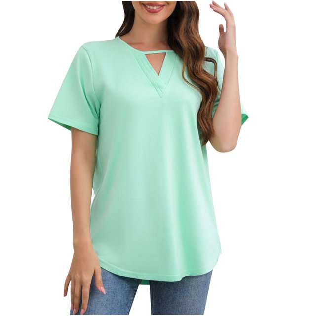 Blouses pour Femmes Couleur Unie Col Rond Manches Courtes T-Shirt Blouse Hauts