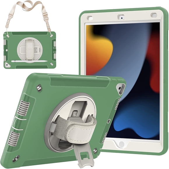 Étui pour iPad 10,2 Pouces 7e / 8e / 9e Gén (2021/2020/2019) Protecteur, Double Couche Corps Complet Robuste avec Béquille Rotative à 360°, Sangle de Main/épaule