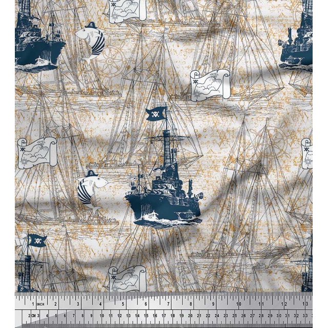 Soimoi Velvet Fabric Fish & Ship Ocean Fabric Prints By Yard 58 Inch Wide