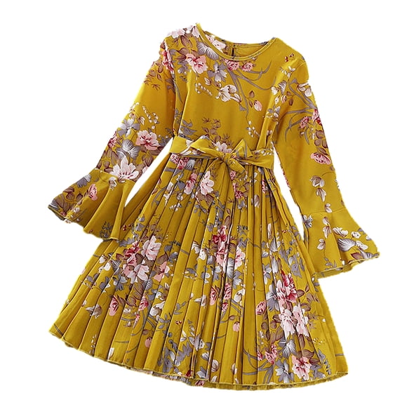KYAIGUO 5-12Y Kids Toddler Girls Floral Casual Dresses Spring Fall Sundress Princess Dress Long Sleeve Cotton Skirt