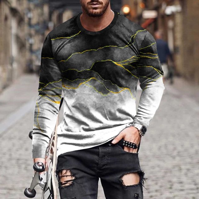 TIMIFIS T-Shirt Optique Graphique à Imprimé Noir pour Homme, Manches Longues, Hauts Quotidiens, Basique, Élégant, Col Rond - Blackfall