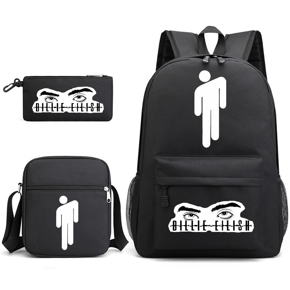 Billie Eilish Three-Piece School Bag Backpack Student Stationery Bag Printed Backpack Black~2 -COCHIE