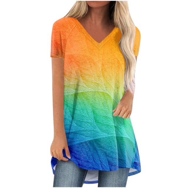 Birdeem Blouse à Imprimé Dégradé pour Femmes, Col en V, Manches Courtes, T-Shirt Ample, Hauts