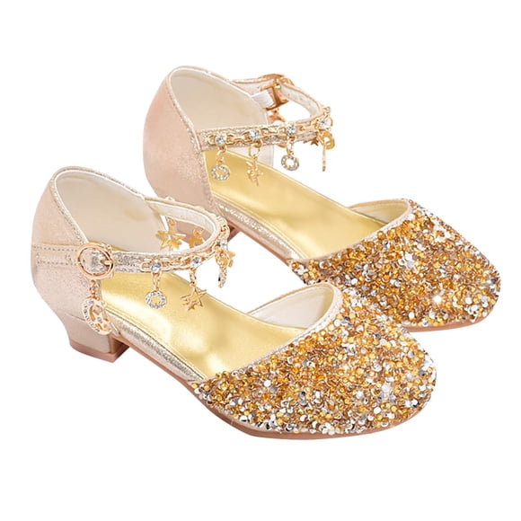 Girls Low Heeled Dress Shoes Rhinestone Bows Low Heel Princess Flower Wedding Party For Toddler Little Kid Girls Sandals Gold 35/8.5 Y—9 Y