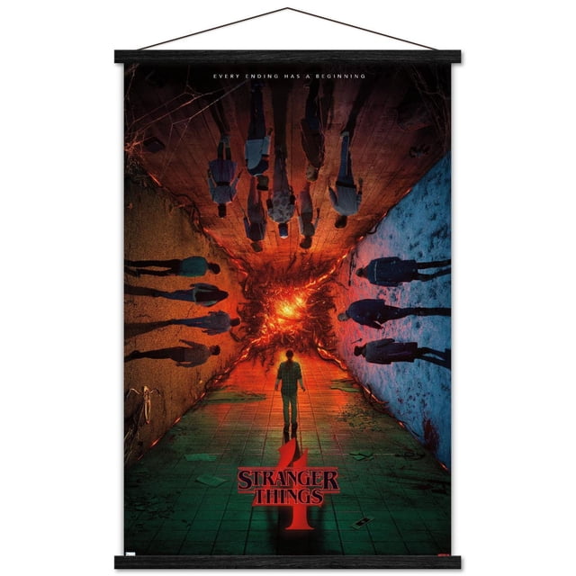 Netflix Stranger Things : Saison 4 - Affiche Teaser de Groupe en une Feuille, 22,375 Po x 34 Po Montrant une Figurine Centrale Face à un Portail Lumineux et Ardent dans un corridor Sombre avec des Figurines Ombrées Réfléchies sur les Murs, Imprimée sur Papier d'Affiche Lustré, Convenant à l'Art Mural et à la Déco Intérieure.