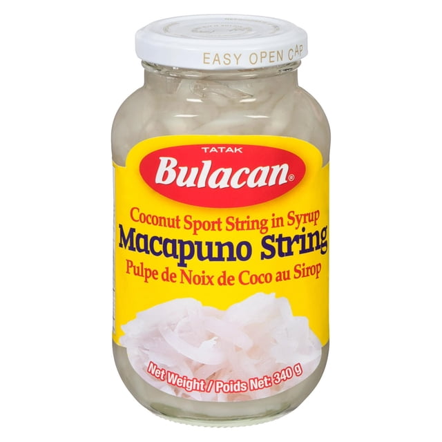 Bulacan Ficelle de Macapuno dans un Sirop Sucré 340 g par Bouteille, Pot en Verre Transparent avec Bouchon Blanc à Ouverture Facile, Contenant des Ficelles de Macapuno Blanches à la Noix de Coco Conservées dans un Sirop, Couramment Utilisé comme Garniture pour des desserts Philippins comme halo-halo et Crème Glacée.