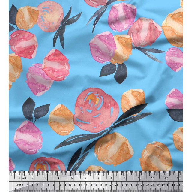Soimoi polyester Crepe Fabric Flower & Leaves Watercolor Decor Fabric Printed Yard 42 Inch Wide