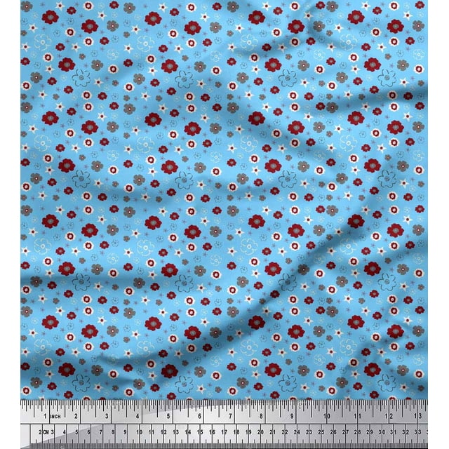 Soimoi Blue Poly Georgette Fabric Flower Artistic Print Sewing Fabric Yard 52 Inch Wide
