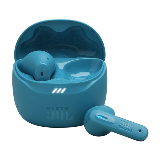 JBL TUNE FLEX 2 True Wireless Noise Cancelling Earbuds in blue with one earbud inside the open charging case and the other outside, showing JBL logos and LED indicators, emphasizing adaptive noise cancelling and ergonomic true wireless design suitable for all-day use.