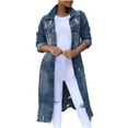 thumbnail image 1 of CEHVOM Manteau Trench Long en Denim Délavé Décontracté et Élégant pour Femme, Mi-Long, 1 of 6