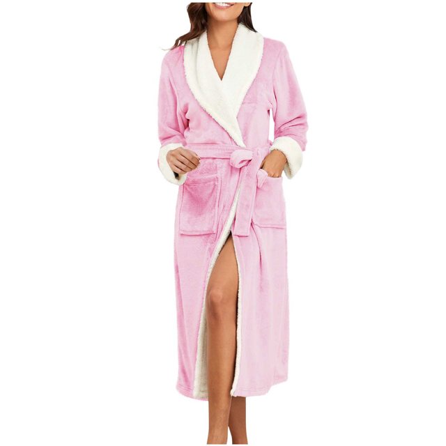 Penkiiy Womens Plush Soft Robe Warm Fleece Shawl Collar Bathrobe Fluffy Long Robes with Pockets M Pink