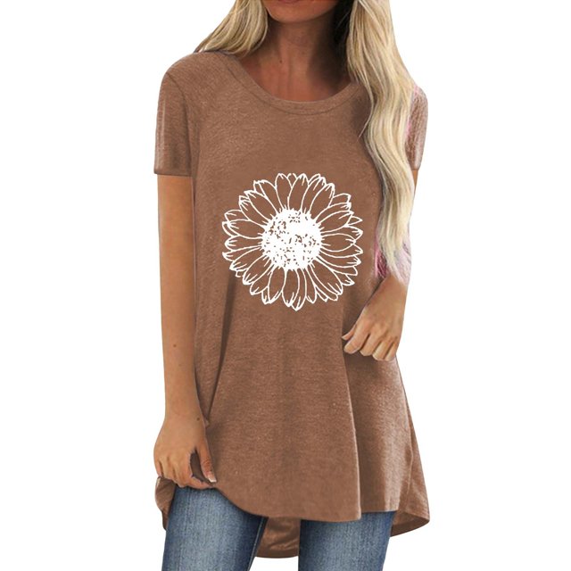 Pxiakgy Vente Chaude!! T-Shirt Graphique Tournesol Mignon à Manches Courtes Imprimé Vintage Mode Décontractée Col Rond Manches Courtes devant Dos Long T-Shirt Café TG