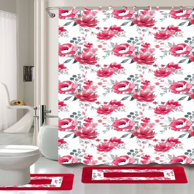 15-Piece Bathroom Set 2-Rugs/Mats Non Slip 1 Fabric Shower Curtain With 12-Fabric Covered Rings Different Styles and Colors For Home Bath Dcor Peony Purple