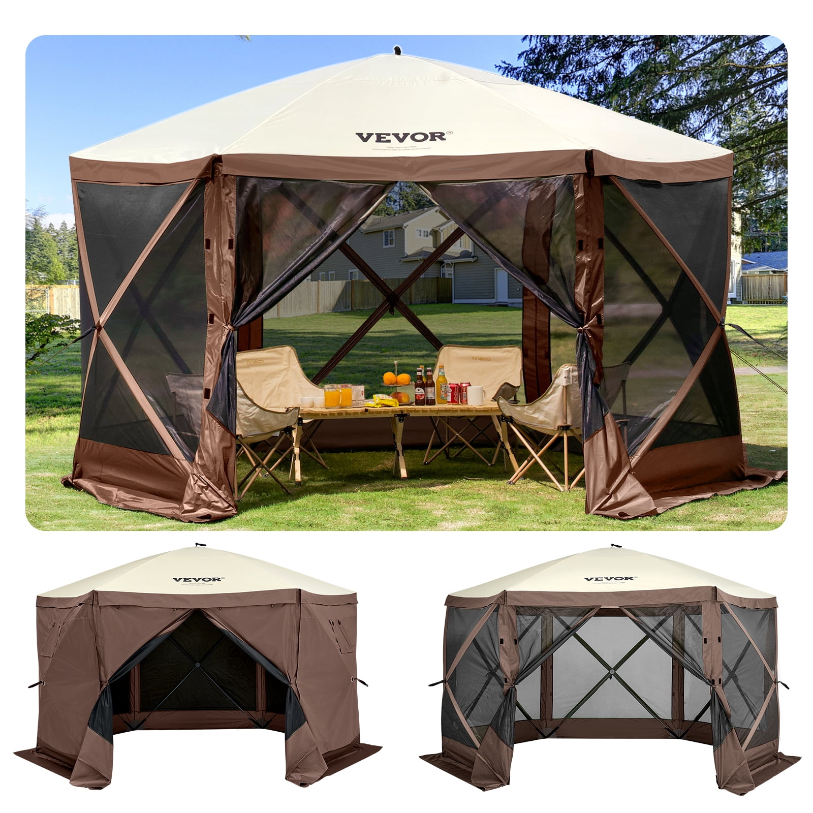 VEVOR 10x10FT Camping Gazebo Screen Tent, Pop Up Gazebo, Pop Up Canopy with Mosquito Netting, 6 Sides Outdoor Screen Tent with Mesh Windows and Portable Carry Bag for Camping, Backyard Party，Brown