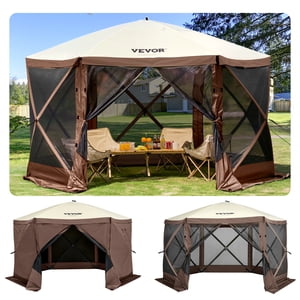 VEVOR 10x10FT Camping Gazebo Screen Tent, Pop Up Gazebo, Pop Up Canopy with Mosquito Netting, 6 Sides Outdoor Screen Tent with Mesh Windows and Portable Carry Bag for Camping, Backyard Party，Brown