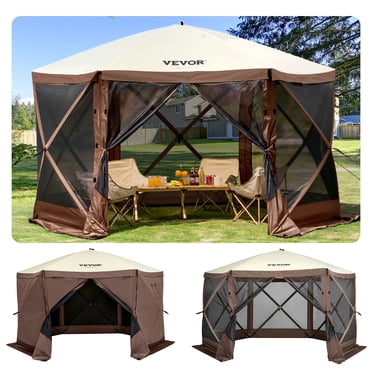 VEVOR 10x10FT Camping Gazebo Screen Tent, Pop Up Gazebo, Pop Up Canopy with Mosquito Netting, 6 Sides Outdoor Screen Tent with Mesh Windows and Portable Carry Bag for Camping, Backyard Party，Brown