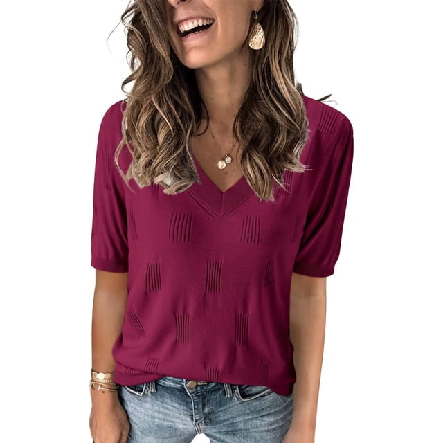 Arach&Cloz Women's V-Neck Short Sleeve Special Rib Knitted Pattern Casual Tops Sweater Spring Summer 2025