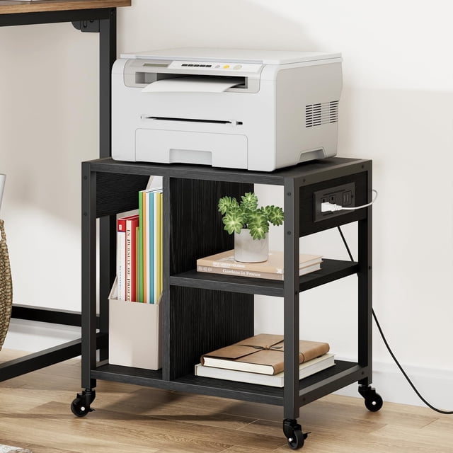 Removable Desktop Printer Stand with Charging Station, 3 Tier Under Desk Rolling Printer Table Printer Cart with Storage Shelf and Wheels