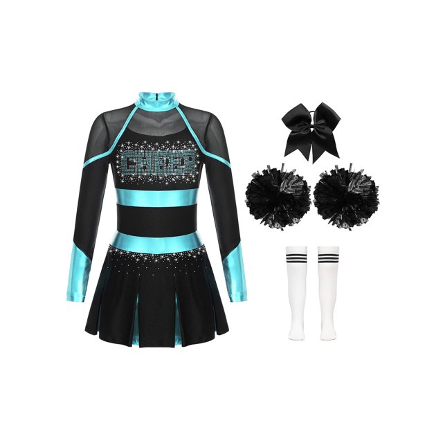 Hansber Tenues de Cheerleading pour Filles Uniforme de Cheerleading Robe Fantaisie avec Pompons Ensemble de Bas Bleu Vert&Blanc 8