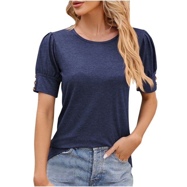 Timegard Short Sleeve Tops for Women Button Crew Neck Comfy Blouse Casual Tunic Tops Basic T Shirts