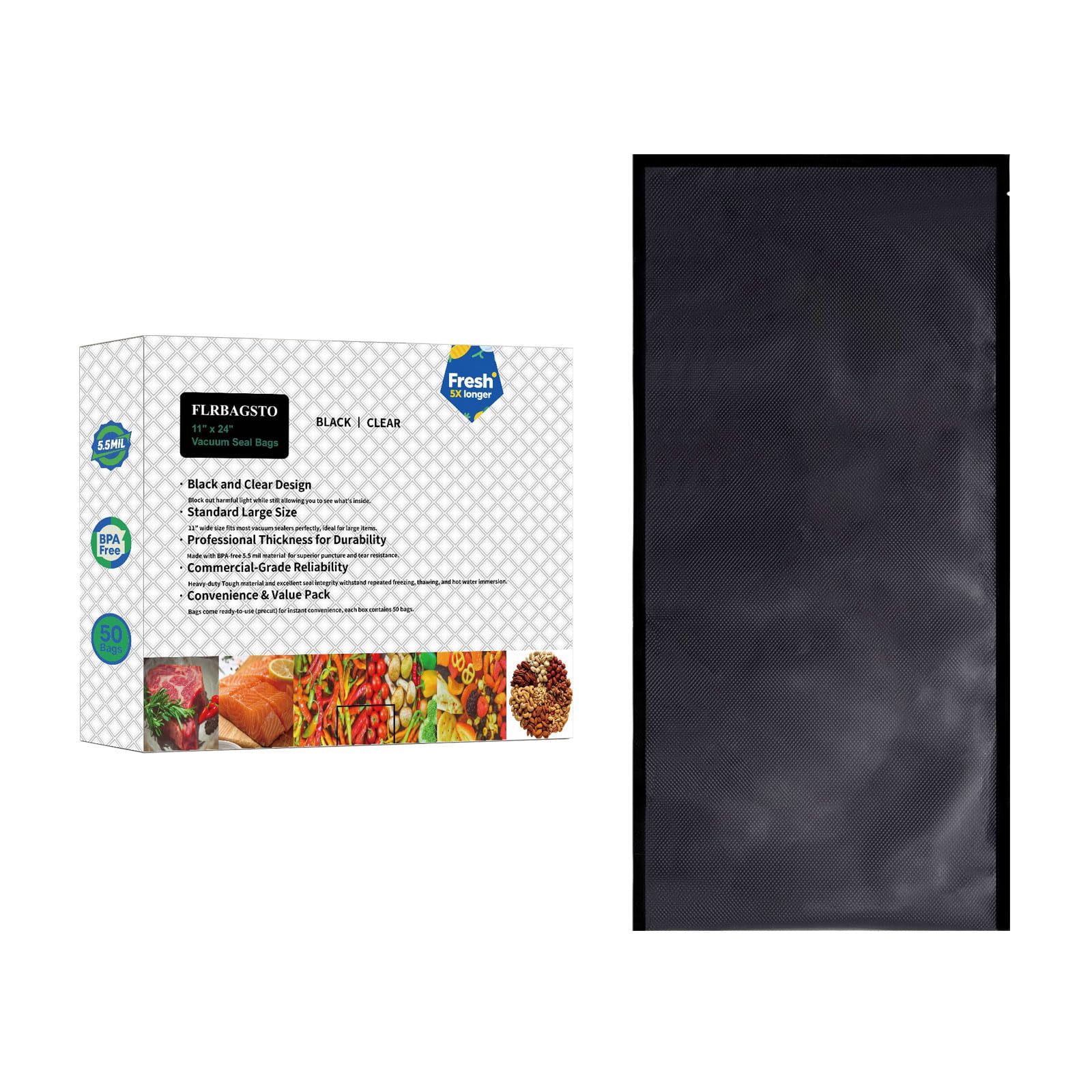 FLRBAGSTO Black and Clear Vacuum Sealer Bags 11" x 24", 5.5 Mil Precut Vacuum Seal Bags for Food Storage, Sous Vide, and Meal Pre