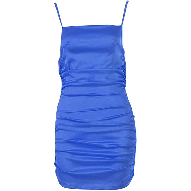 Dress, Party Spaghetti Straps Bodycon Women Backless Ruched Mini Sling for Summer Beach Casual Fit in a vibrant blue color. The dress features a ruched design, spaghetti straps, and a backless style, offering a flattering and breathable fit. Ideal for casual wear, summer beach outings, parties, or club events.