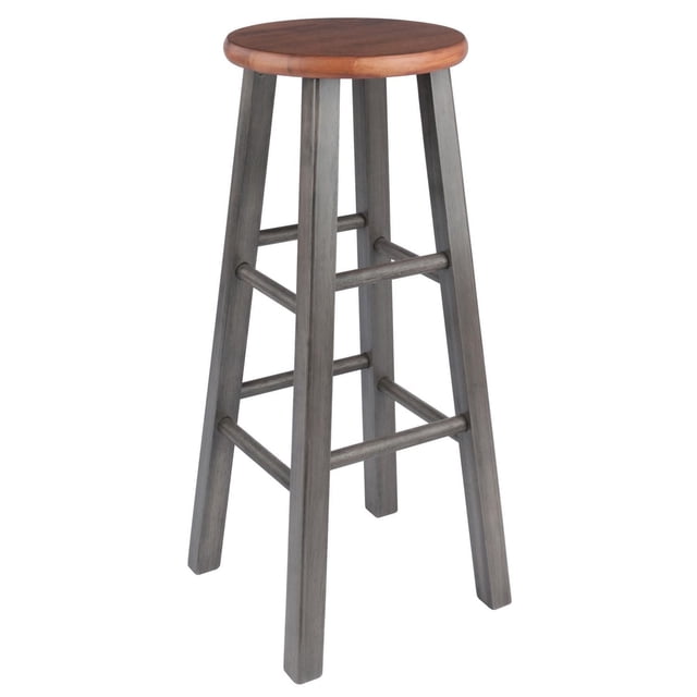 Winsome Ivy 29" Bar Stool teak/Gray Finish with a 12.75" round teak seat and weathered gray solid wood frame featuring square legs and multiple crossbars for stability and comfort, suitable for kitchen or dining seating with a 220 lbs weight capacity, also ideal as a side stand for small decor items.