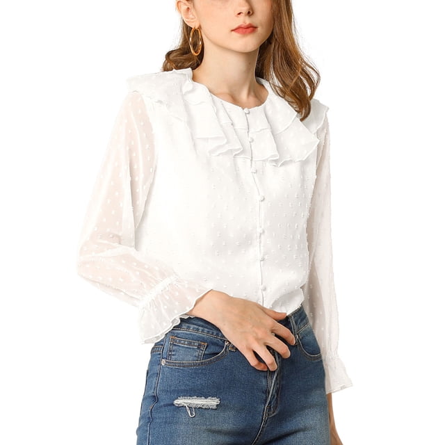 INSPIRE CHIC Women's Ruffle Neck Polka Dots Sheer Chiffon Blouse