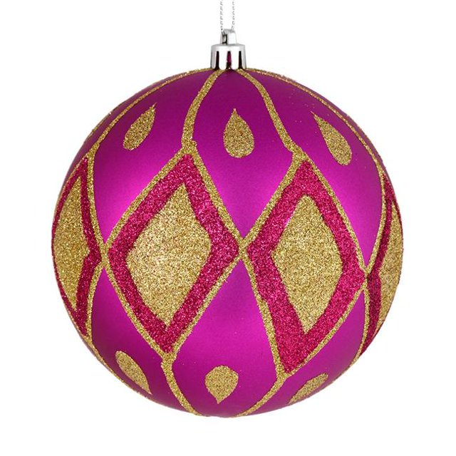Vickerman N188170D 4.75 in. Fuchsia Matte Ball Ornament with Glitter Diamond Pattern 4 per Pack