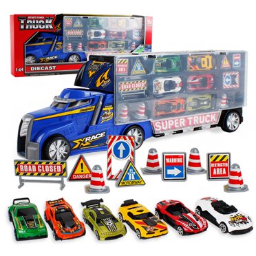 facefd Transport Die Cast Vehicles Cars Carrier Toys with 6 Mini Cars 10 Road Signs Cars Toys Gift for Boys Girls Blue