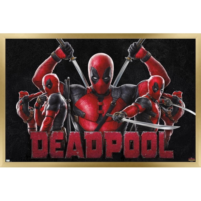 Marvel Deadpool & Wolverine - Deadpool Wall Poster, 14.725" x 22.375" framed, depicting a centered front-facing Deadpool in red and black suit holding two swords crossed behind his head, flanked by four additional Deadpool poses wielding swords and guns on a textured black background with large red distressed 'DEADPOOL' text at the bottom, framed with a thin gold border, suitable for wall art and room décor.