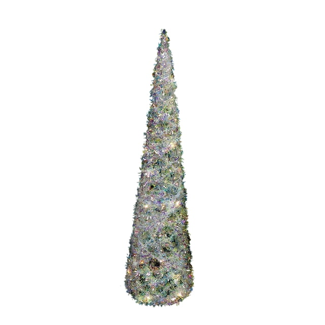 Led Whimsical Cone Tree (Large) (31.50") with a tall cone shape wrapped in shimmering PVC and soft white LED lights, measuring 31.5 inches tall and 7.9 inches diameter, suitable for holiday centrepieces or mantel décor adding a festive glow.