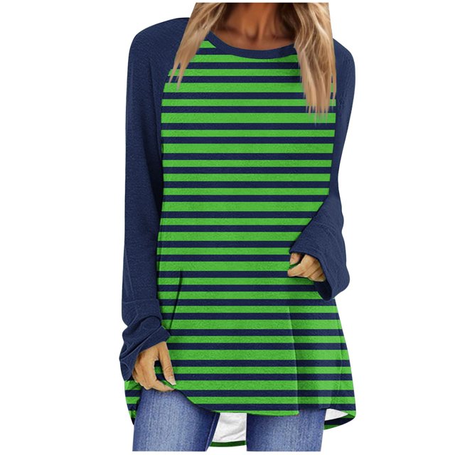 Blouses pour Femmes Chic Décontracté Femmes Chandail à Rayures Surdimensionné Manches Raglan Longues Col Rond Chandails à Enfiler Chemises 2024 Automne Chandail à Enfiler Tunique Ample Hauts S-109 Vert TTG