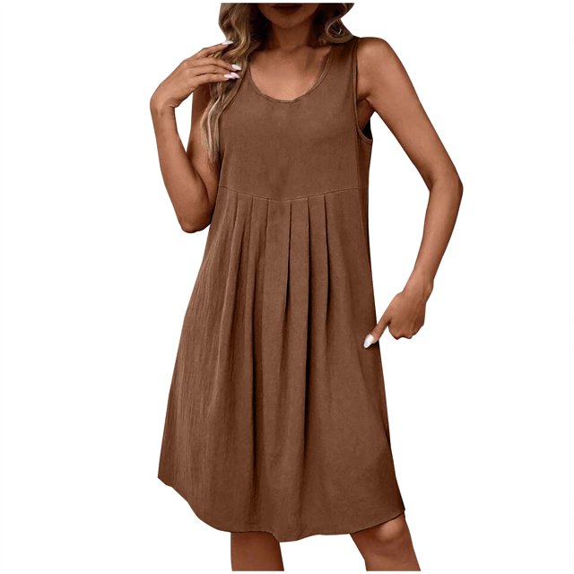 biudgviw Robe Femme en Coton et Lin Été Sans Manches Col Rond Plissée devant Midi Ample Robe Débardeur Robe Tunique Décontractée