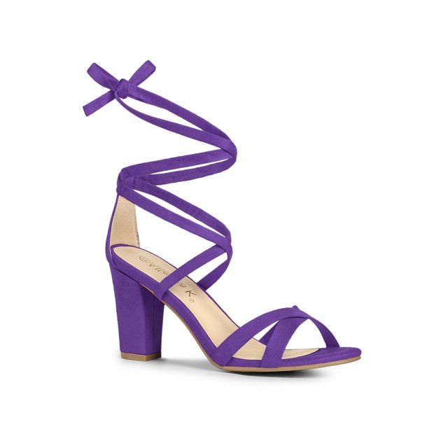 BLISSFUL STEP Women's Sandals High Block Heels Solid Color Lace up Sandals Purple 10