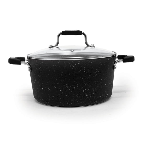 Starfrit TheRock 5Qt Casserole with black speckled rock-tec non-stick surface, clear tempered glass lid with steam vent, oven-safe riveted bakelite handles, compatible with gas, electric, ceramic, and halogen stovetops, dishwasher safe, also ideal for slow cooking and braising.