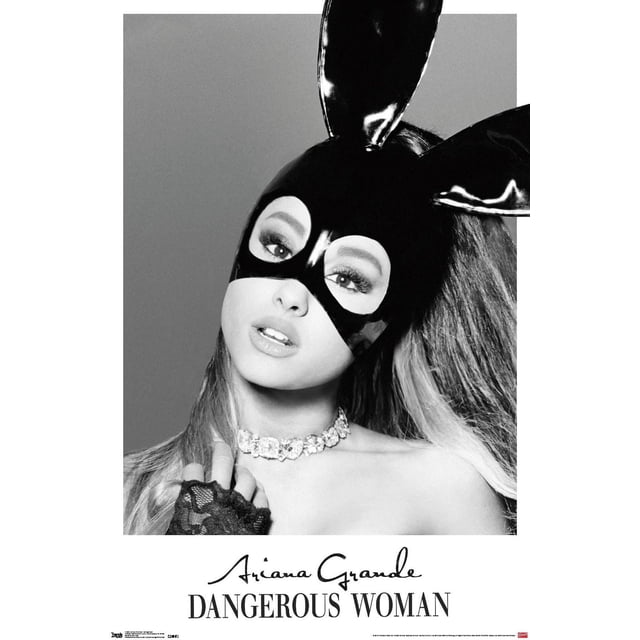 Ariana Grande - Dangerous Wall Poster, 22.375" x 34" featuring a black and white portrait of a woman wearing glossy black bunny ears, a crystal choker necklace, and a lace glove on one hand, with 'Ariana Grande Dangerous Woman' text below, ideal for bedroom or dorm wall art.