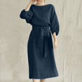 thumbnail image 2 of CHOK Robe en Coton et Lin pour Femmes, Col Ras du Cou, Manches Lanterne, Robes d'Été, Couleur Unie, Décontractée, Fluide, Longue, avec Ceinture, 2 of 8
