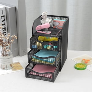 TOUMENY Mesh Desk Organizer, 3 Drawer Office Desktop Organizer for Pens Clips Notes, Black Metal Stationery Caddy