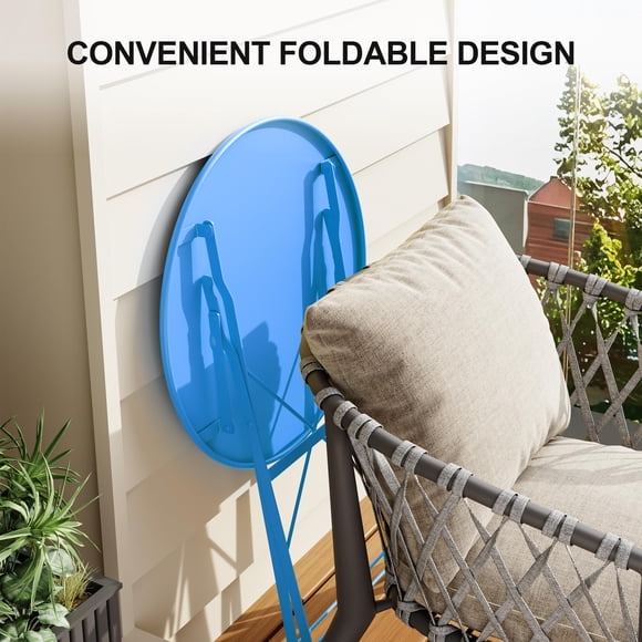 Ensemble Bistro de Patio Extérieur 3 Pcs, Table Métallique Pliante et 2 Chaises, Résistant aux Intempéries, Mobilier de Jardin, Balcon Ou Cour Gain de Place, Ensemble de Conversation Moderne – Tube Plat Bleu