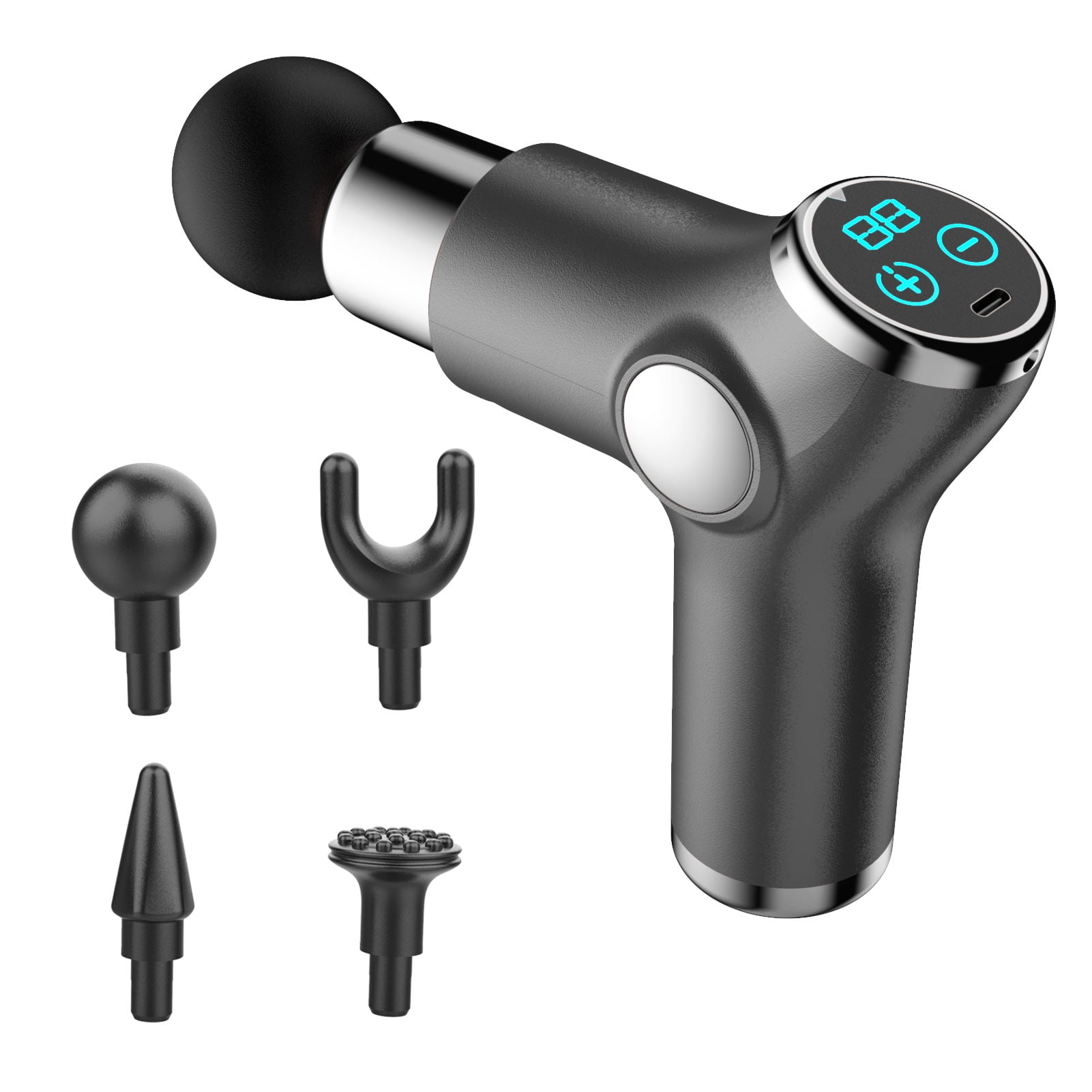 Riwcyla Muscle Therapy Device for Athletes Body Muscle Massager Handheld Massager 32 Adjustable Strength Levels 4 Massage Heads, Gray