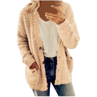 Women Casual Plus Size Plush Sweater Pockets Outerwear Buttons Cardigan Coatpink ladies jacket