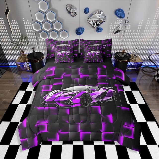 Erosebridal Purple Racing Car Bedding Sets Full Size, Neon Geometric Comforter Sets with Sheets, Speed Sports Decor, Reversible 7pcs