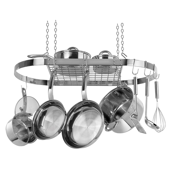 Range Kleen CW6001 Stainless Steel Oval Hanging Pot Rack with ceiling-mounted chains and grid shelf holding two lidded pots, featuring repositionable hooks suspending stainless steel frying pans, saucepans, a stockpot, and kitchen utensils like a whisk, ladle, and spatula, suitable for maximizing kitchen storage and organization.