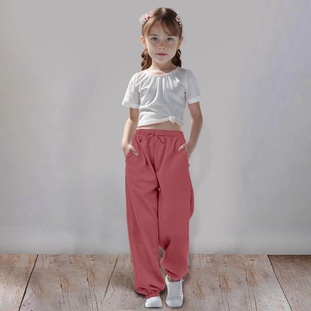 PMVFHDE Kids Pants Medium And Large Children Casual Girls Solid Color Drawstring Sweatpants,RD2,3-4 Years