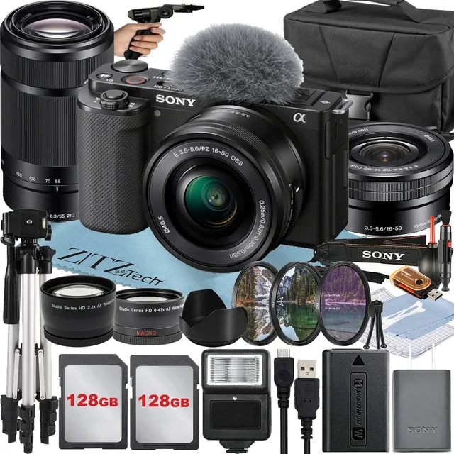 Sony Alpha ZV-E10 Mirrorless Vlog Camera with 16-50mm Lens + 55-210mm Lens + 2 Pack 128GB Memory Card + Flash + Tripod + Case + ZeeTech Accessory Bundle (Black)