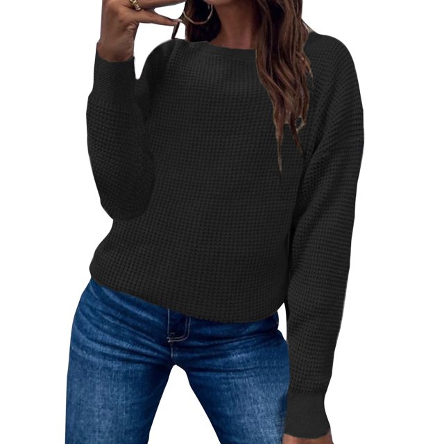 LUXUR Chandails Tricotés Unis pour Femmes Col Rond Ample Pull Chaud d'Hiver Noir TTG