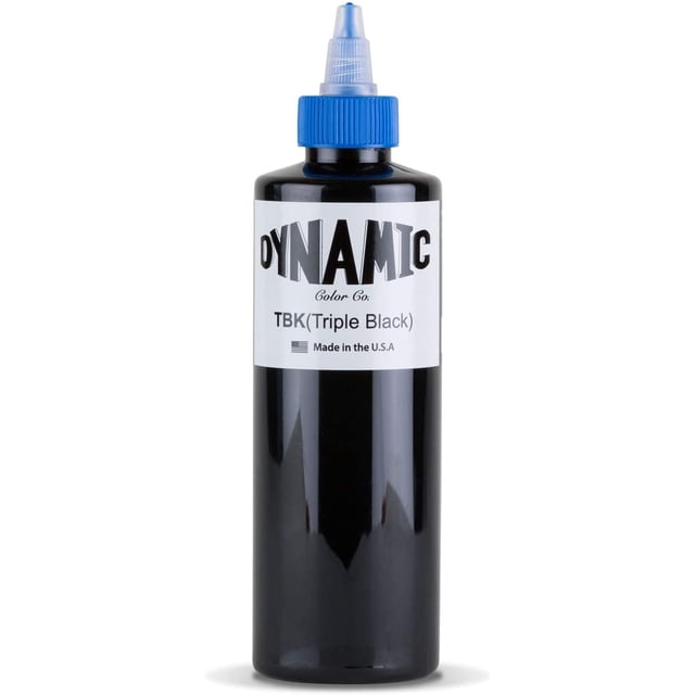 Dynamic Color Triple Black Tattoo Ink (8oz) bottle featuring a black body with a blue twist cap. The label includes 'Dynamic Color Co.' branding, 'TBK (Triple Black)' text, and 'Made in the U.S.A.' This tattoo ink offers high pigment density for vibrant, long-lasting tattoos and is ideal for various tattooing styles.
